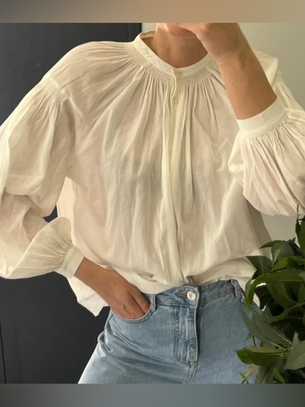 MAJE White Peasant SemiSheer Gathered Blouse Balloon Sleeve Button-Down 1 M Y2K